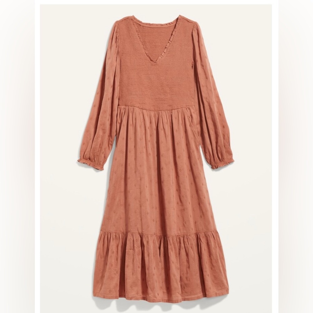 NWT Old Navy Long-Sleeve Fit & Flare Smocked Clip-Dot Midi Dress